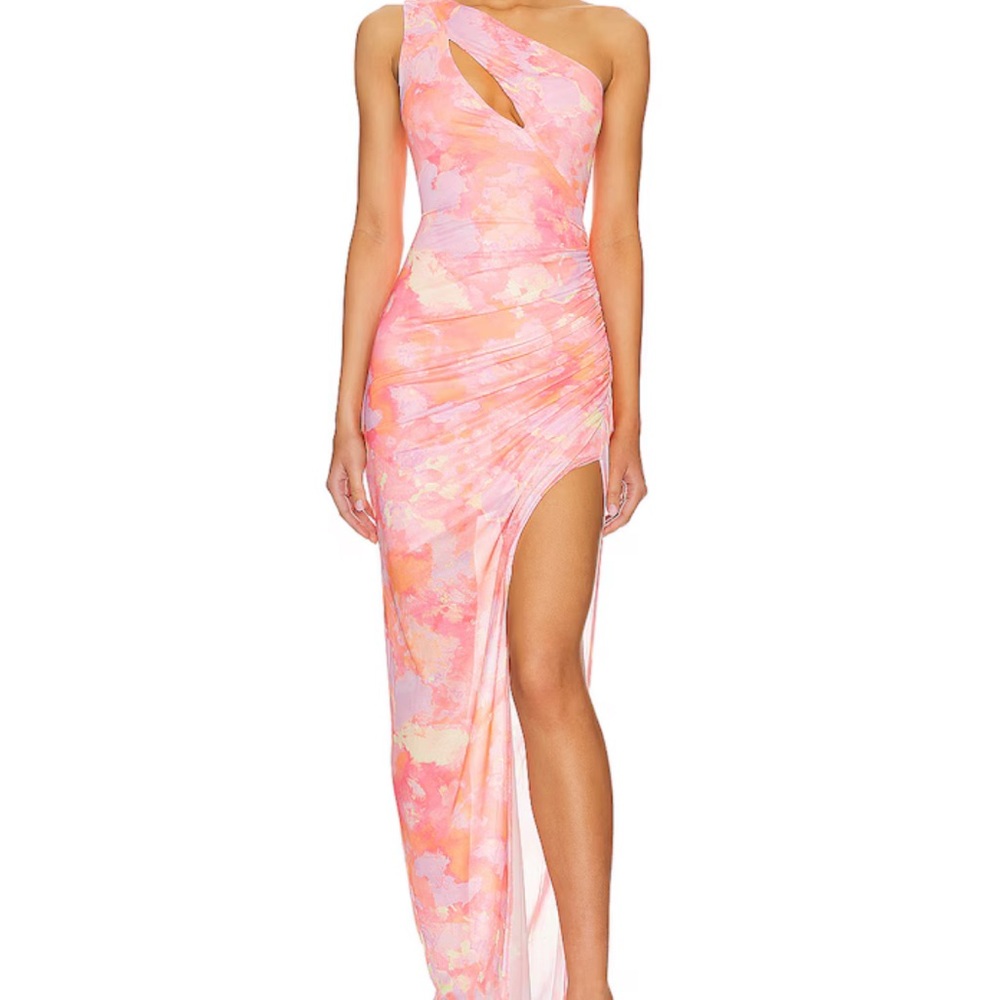 Revolve One-Shoulder Pink & Peach Tie-Dye Maxi Dress